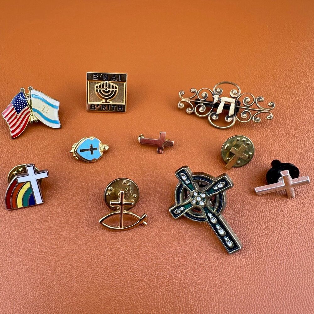 Vintage Religious Pin Lot Enamel Celtic Cross Chai Jerusalem Flag Pride Cross